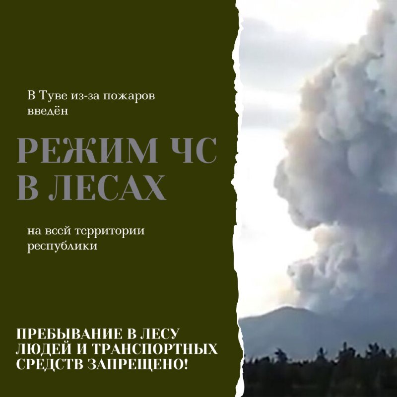 В Туве в связи с ухудшением лесопожарной обстановки с 29 июля 2025 года введен режим чрезвычайной ситуации в лесах регионального характера. Одновременно продлён особый противопожарный режим с полным запретом на пребывание граждан в лесах и въезд в них тра В Туве в связи с ухудшением лесопожарной обстановки с 29 июля 2025 года введен режим чрезвычайной ситуации в лесах регионального характера. Одновременно продлён особый противопожарный режим с полным запретом на пребывание граждан в лесах и въезд в них тра